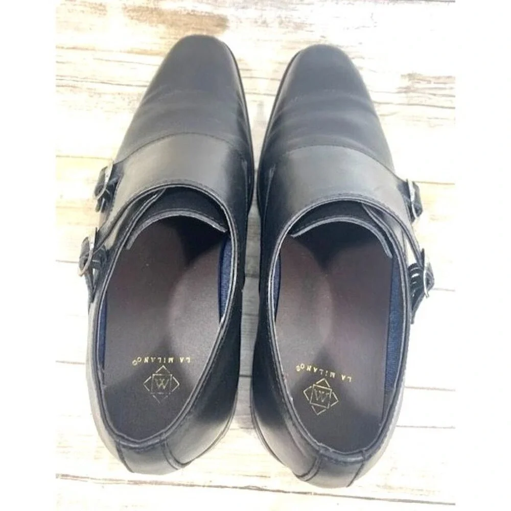 La Milano Men's Black Leather Double‎ Monk Strap Dress Shoes Size 10.5